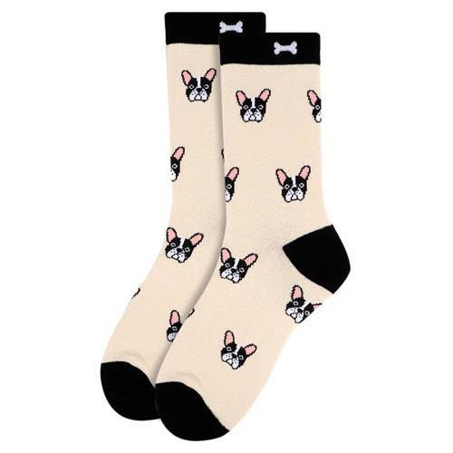 A pair of socks designed with playful  french bulldogs. Cream black pink and white colors.